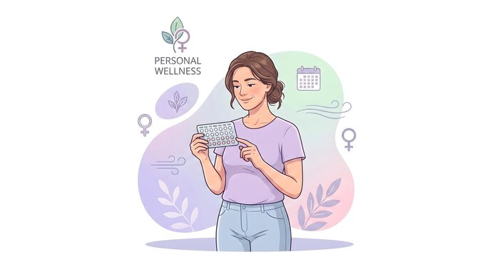 Woman Tracking Menstrual Cycle Calendar for Personal Wellness and Reproductive Health Illustration.