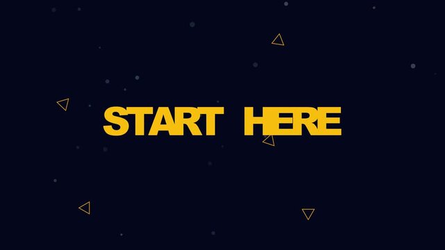 Start here animated typography title card with geometric shapes and floating particles on dark animation 4k background
