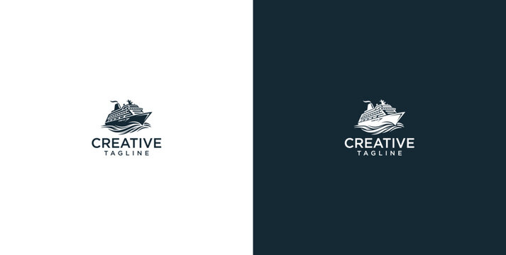 Vintage cruise ship logo template with hand drawn sailing boat on waves for marine and travel branding