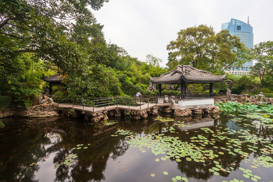 Liyuan Garden Pavilion and Lotus Pond, Wuxi Jiangsu China