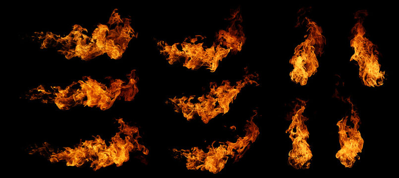 Collection of realistic fire flames isolated on a black background. Various blaze shapes and hot fire bursts for motion graphics, visual effects, compositing, energy, and abstract heat design elements
