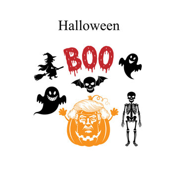 Halloween-themed illustration featuring jack-o'-lantern, ghosts, witch, skeleton, bat, and scary text