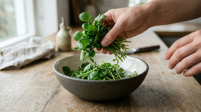 Hands Preparing Fresh Greens In A Rustic Bowl For Healthy Eating