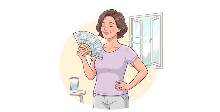 Woman Cooling Off During Menopause Hot Flash with Hand Fan at Home Illustration.