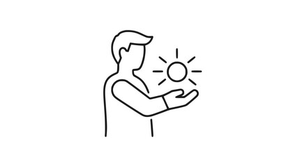 Fototapeta premium Man holding sun icon in hand, concept of energy, power, inspiration, ideas, hope