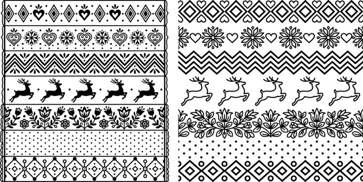 Seamless winter holiday patterns with nordic inspired folk art motifs of deer hearts and snowflakes