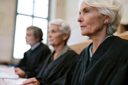 A close-up of a senior female judge in contemplation, displaying a serious demeanor while pondering over critical legal matters in a modern courtroom.