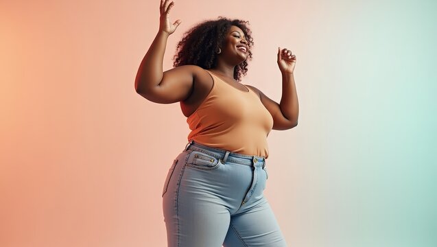Full body African woman of plus size model dancing on pastel background