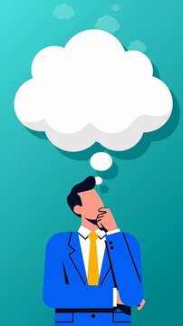 Businessman thinking with thought clouds above his head.