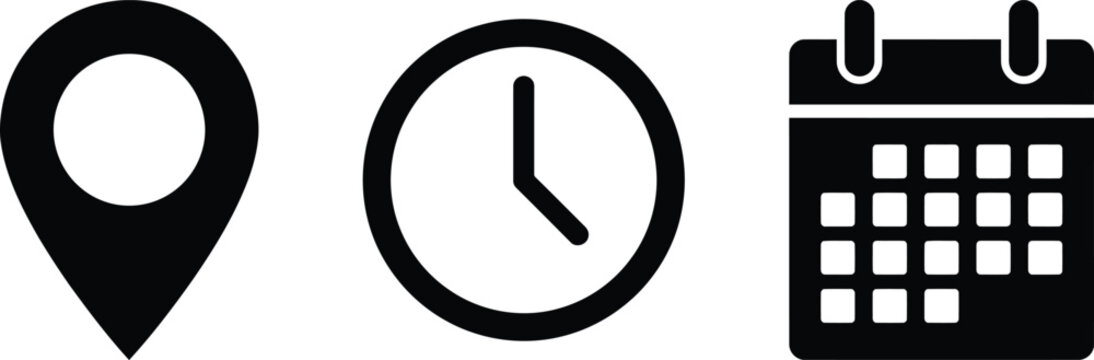 Essential map pointer clock and calendar vector illustration set depicting location marker time piece and date grid for organizing schedules and spatial tracking icons.