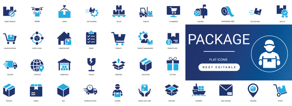 Package solid icon set featuring parcel, shipping, delivery, box, courier, logistics, warehouse, package tracking, mail, and packaging. Editable vector illustration collection.