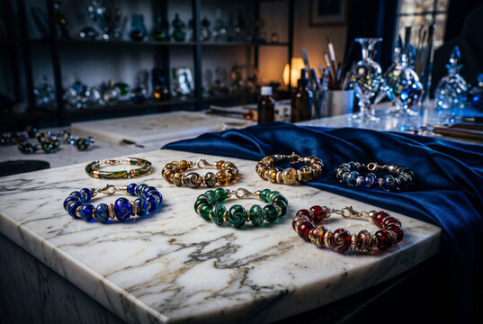 Handmade colorful glass bead bracelets displayed on marble table in artisan jewelry workshop