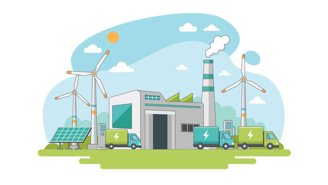 Green energy factory with solar panels wind turbines electric trucks and clean power infrastructure for sustainable industry