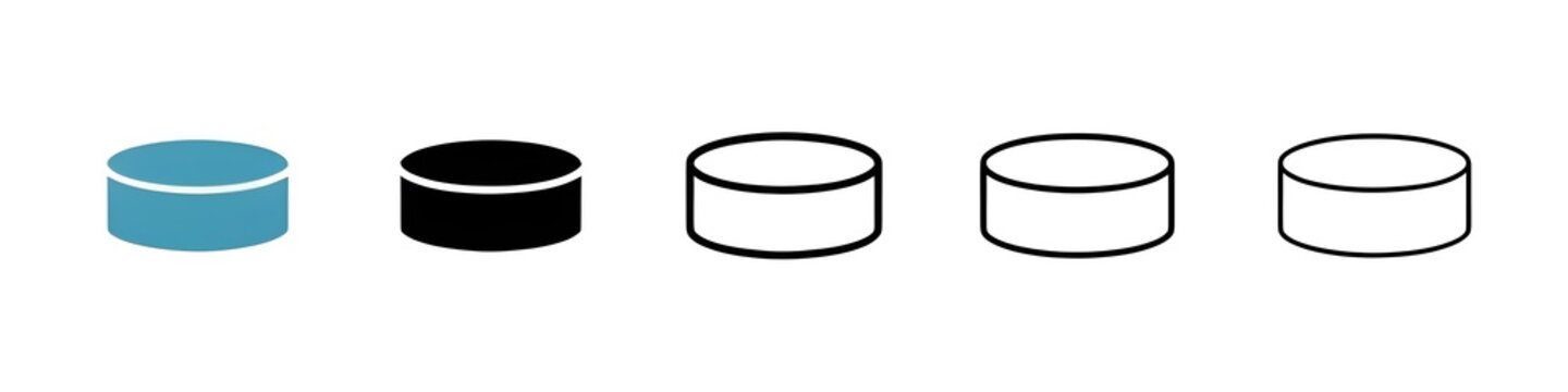 Hockey puck line icon set. Rubber hockey puck vector sign for UI designs. Thin line customizable illustration. Contour symbol. Vector isolated outline drawing. Editable stroke