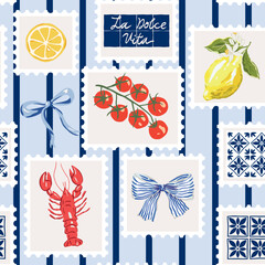 Lobster, lemon fruits, tomato cherry, bow, blue ceramic tile, text La Dolce Vita, stamps, striped background. Vector illustration. Seamless pattern. Summer trendy design. Italian coast © ojardin