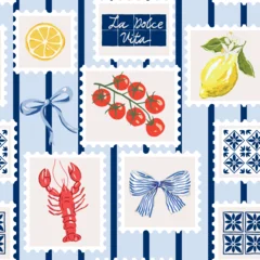 Lobster, lemon fruits, tomato cherry, bow, blue ceramic tile, text La Dolce Vita, stamps, striped background. Vector illustration. Seamless pattern. Summer trendy design. Italian coast © ojardin