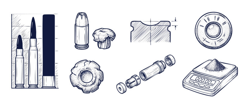 Ammunition reloading diagrams bullet illustration set featuring handloading tools, cartridges, hollow point expansion, technical blueprints, and digital powder scales in vintage engraving style.