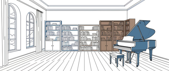 Interior sketch of a room with bookshelves and a piano © Kuwadi