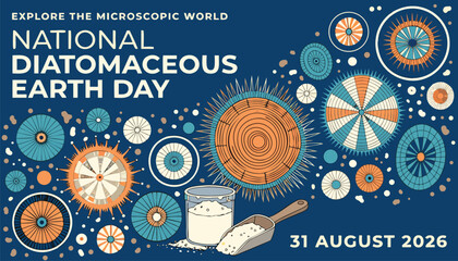 Decorative graphic banner celebrating national diatomaceous earth day with microscopic patterns © vectyx2