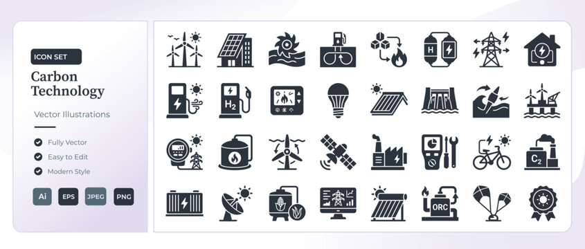 Carbon technology and renewable green energy icon set