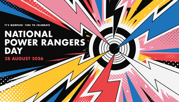 National power rangers day celebration poster with vibrant colorful lightning bolts