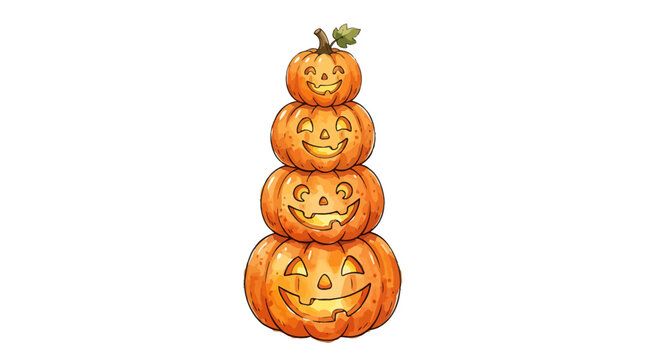 A stack of four carved pumpkins illuminated from within, creating a whimsical Halloween display