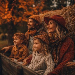 Fototapeta premium Happy family enjoying a scenic autumn hayride outdoors.
