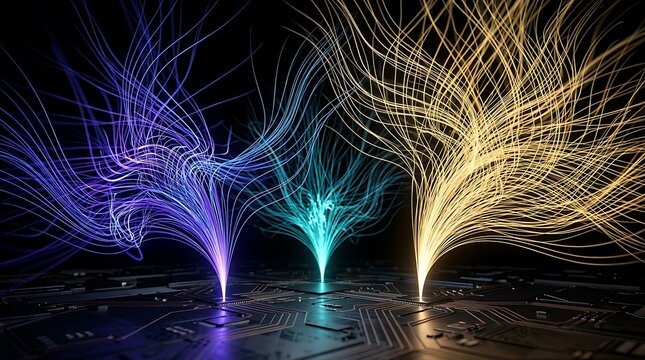 Abstract digital data flow streams emerging from electronic circuit board in dark background