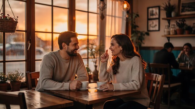 Happy couple enjoying a romantic date in a cozy cafe at sunset.