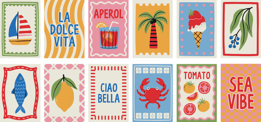 Italian summer postcards vibrant illustrations with coastal themes © StockVerse