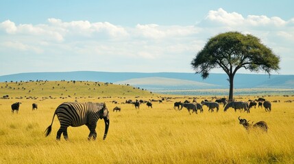 Obraz premium African savanna scene with zebra, herd of wildebeest, a lone tree, and blue sky