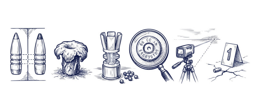 Forensic ballistics science investigation sketches depicting bullet comparison, expanded hollow point, magnifying glass examining cartridge casing, laser trajectory, and crime scene marker.