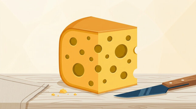 Fresh melting cheese block with holes on a wooden surface creation for culinary cooking and food preparation