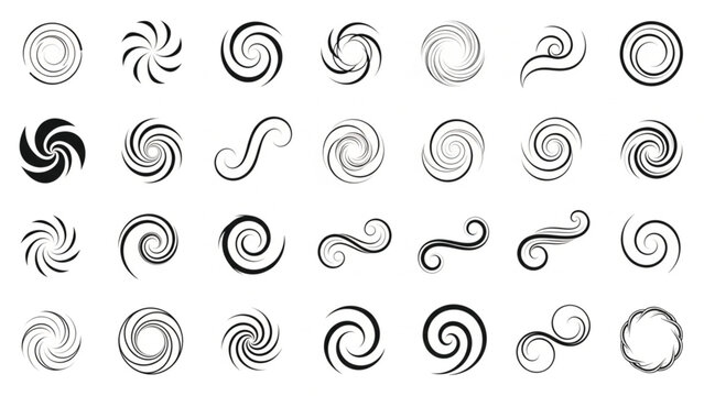 Spiral swirl vector icons set, black circular vortex shapes and decorative twirl elements, 28 abstract spiral line art graphics for logo design
