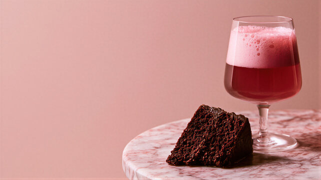 Glass of fruit beer with foam served next to slice of chocolate cake on marble table. Beverage pairing concept for pub, restaurant or snack time. Culinary art and gourmet dessert.