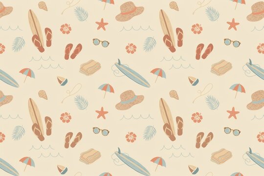 Summer beach vacation seamless pattern with surfboards, flip flops, straw hats, sunglasses, starfish, palm leaves, and umbrellas on beige