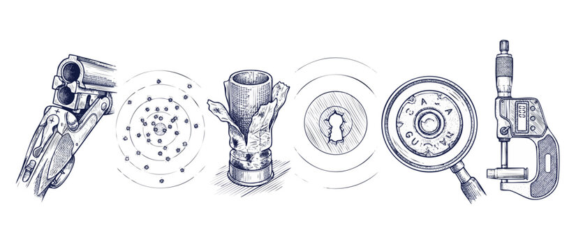 Forensic ballistics firearm investigation sketches featuring shotgun barrel, shot pattern target, fired casing, magnifying glass, and micrometer tool in a technical vintage line art engraving style.