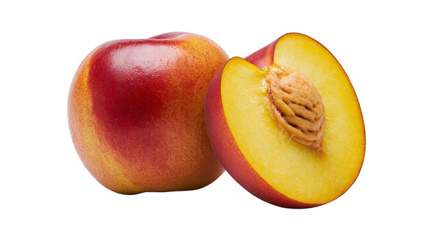 Whole and halved nectarine with visible pit and flesh