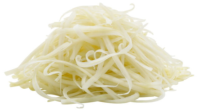 Shredded white cheese pile fine strands, creamy texture