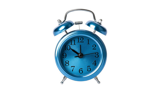 Blue metallic twin bell alarm clock with silver accents
