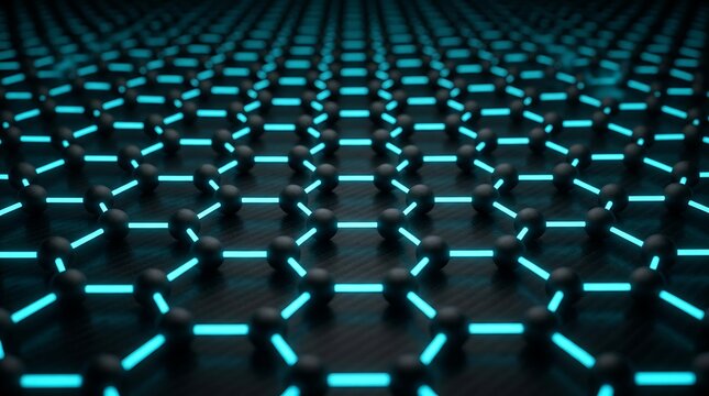 Abstract Graphene Structure with Glowing Cyan Connections on Carbon Fiber Background