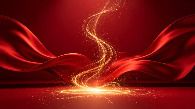 Luxury Christmas red background featuring flowing silk satin drapery and a magical swirling golden glitter particles light trail with ample copy space.
