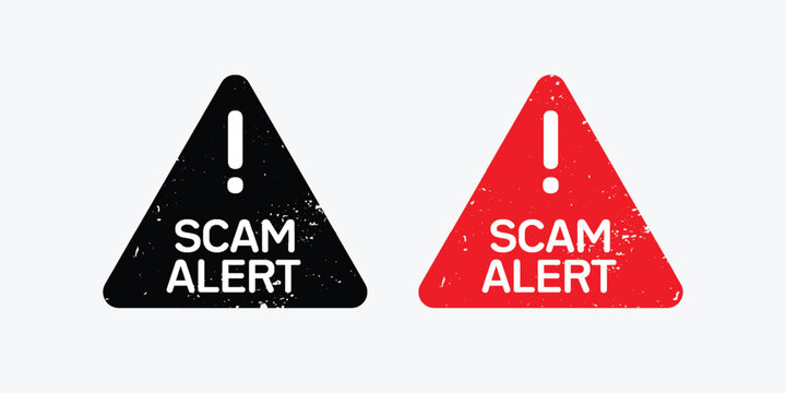 Scam alert warning signs with exclamation mark, red and black triangle fraud icons, distressed grunge security vector