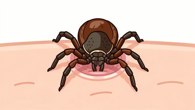Illustration of a detailed brown tick insect crawling on human skin with natural skin tones in a close-up view