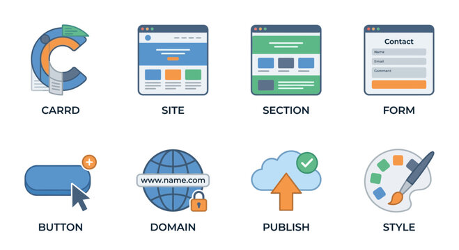 Web Design Icons: Website, Form, Domain, Publish, Style, Button, Section, Card