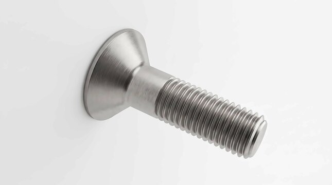 Shiny silver metal screw with a flat head protruding from a plain clean white surface background