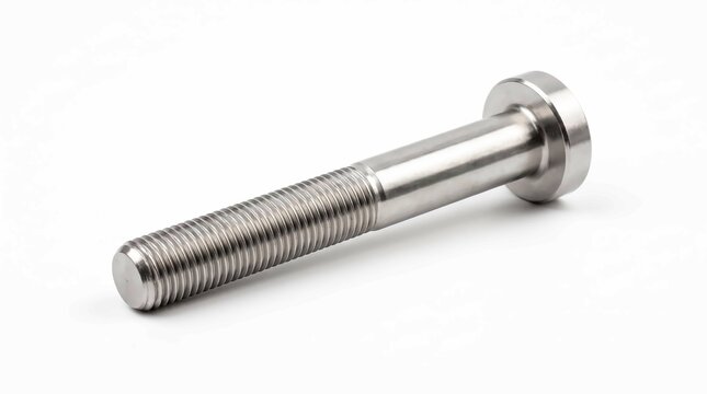 Shiny industrial metal bolt with sharp screw threads lying isolated on a clean white background surface