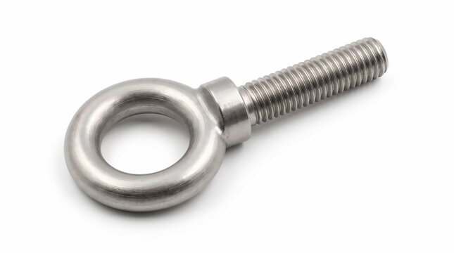 Shiny stainless steel eye bolt with threaded shank isolated against a clean bright white studio background