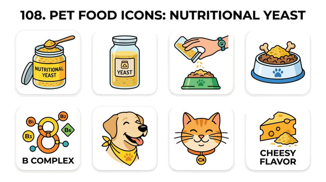 Nutritional Yeast Pet Food Icons: Dog, Cat, B Complex, Cheese Flavor, Jar