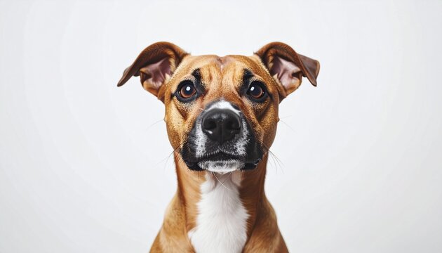 Adorable Boxer Mix Dog Portrait with Expressive Eyes on White Background.